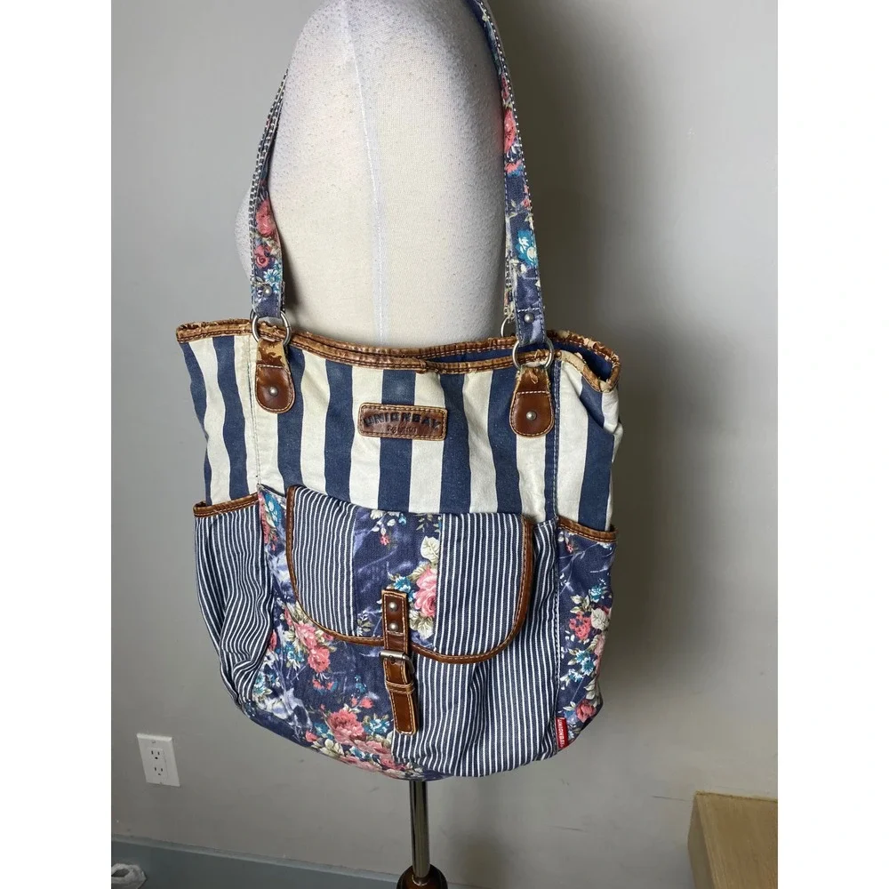 Unionbay Vintage 90s Y2K Floral Stripe Canvas Tote Bag Blue White Mixed Media